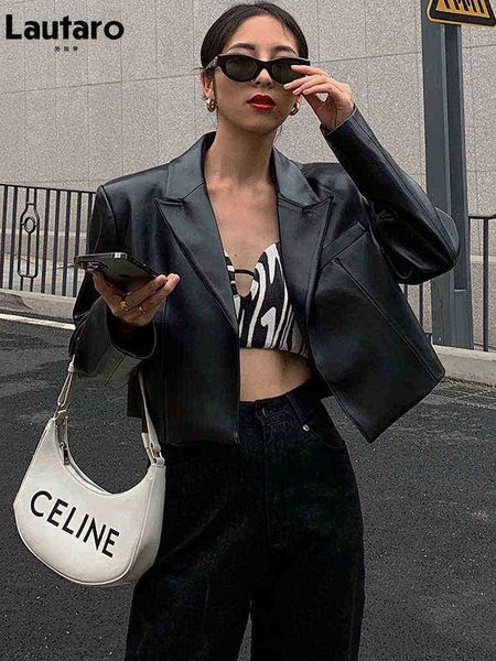 

lautaro spring black casual short soft light pu leather jacket with long sleeves spring 2022 womens fashion blazer autumn clothes j220727