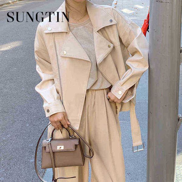 

sungtin faux leather jacket women with belt casual pu loose motorcycle jackets female streetwear oversized jacket korean chic 2022 j220727, Black
