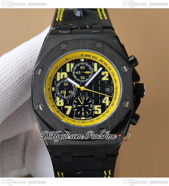 

a2617 42 a3126 bumblebee automatic mens watch pvd all black yellow inner number markers no chronograph leather strap puretime e252, Slivery;brown