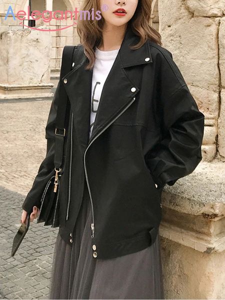 

women's leather faux aelegantmis fashion oversized coat women jacket spring autumn loose biker motorcycle jackets female punk streetwea, Black