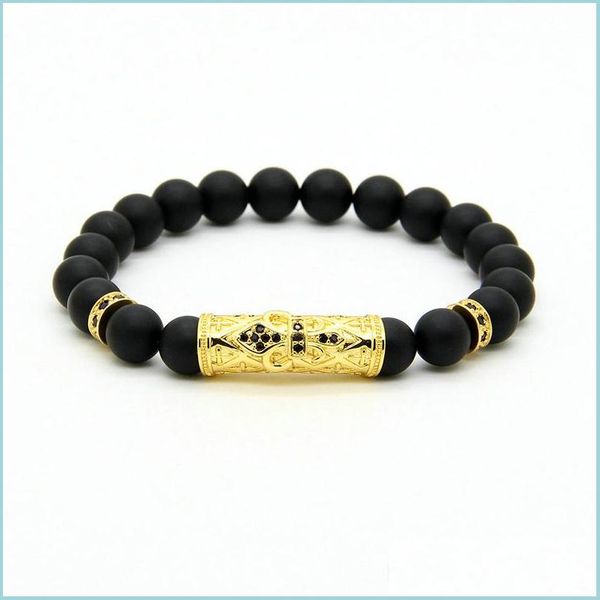 

charm bracelets micro pave black cz heart cross tube beads with 8mm a grade matte agate stone wholesale 10pcs/lot mens bracelets dro dhlp1, Golden;silver