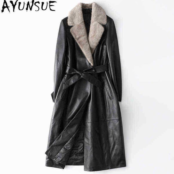 

ayunsue 100 real sheepskin leather coat women clothing winter mink fur collar coat long down jackets chaqueta cuero mujer j220727, Black