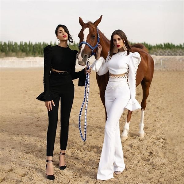 

womens two piece pants white black bandage set elegant women full sleeve short waist fashion flare 221115