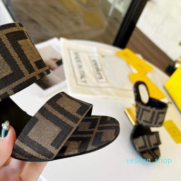 

fashion F Sculpted high-heeled slippers Metallic high heels open toes slip-on slides printing black calfski n leather outsole designer shoes 35-4, Khaki