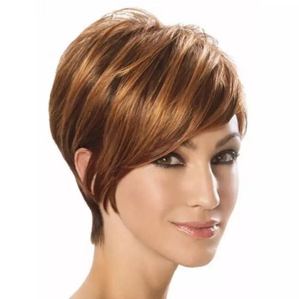 

pixie short ombre brown human hair wigs for black women brazilian straight machine made wig with full bangs, Black;brown