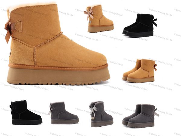 

snow boots women sheepskin shearling ugglies ankle boots shoes australia classic men 3281 ultra matte fur suede wool blend bowknot winter, Black