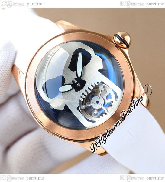 

bubble 46 a21j automatic mens watch rose gold black skull tourbillon dial white rubber strap watches puretime e56a1, Slivery;brown