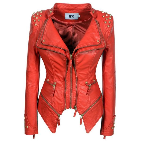 

women's leather faux women autumn winter thick fake pu rivet jackets lady studs motorcycle coats biker zippers street outwear 221116, Black