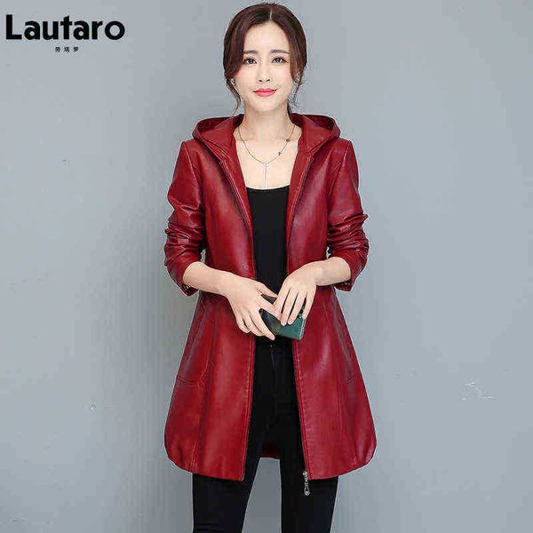 

lautaro autumn black wine red waterproof faux leather jackets for women with cap zipper designer elegant luxury jackets slim fit j220727