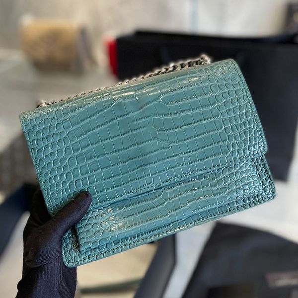 

10a quality women luxurys designers sunset alligator bag 22cm cowhide leather toothpick pattern ladies fashion shoulder crossbody silver cha
