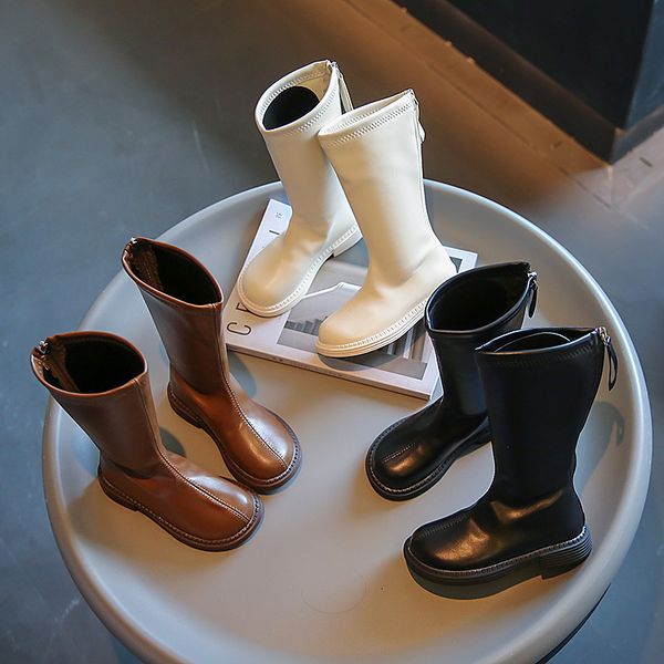 

boots children long mid-calf trendy soft pu leather kids shoes for girl 26-36 winter three colors zipper stylish boot 221116, Black;grey