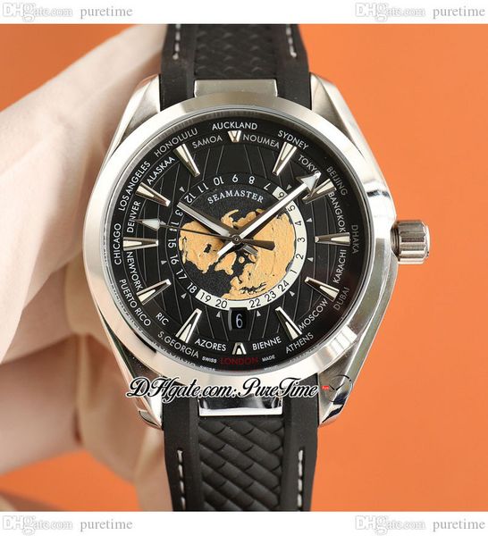 

aqua terra 150m wordtimer a8500 automatic mens watch gmt steel case black yellow dial stick markers rubber with white line puretime e455a1, Slivery;brown