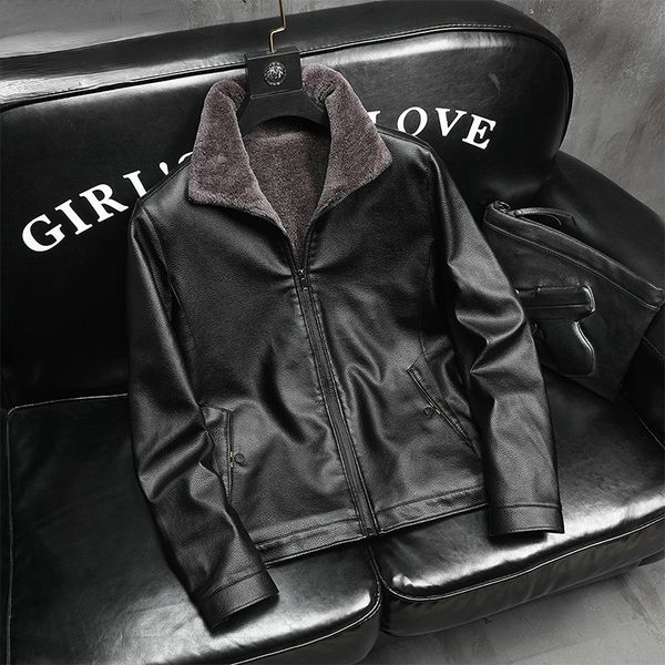 

2022 winter new plush men's stand collar leather jacket motorcycle jacket zipper casual middle-aged and old clothing wholesale, Black