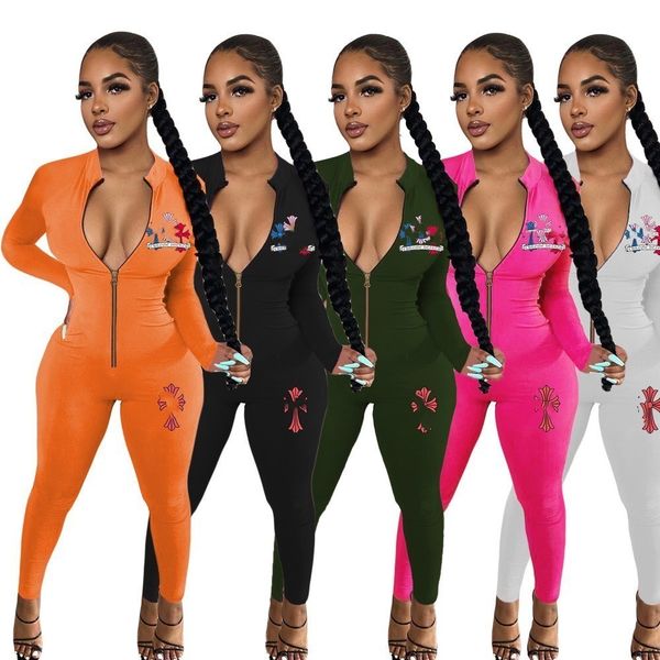 

2022 designer brand women jumpsuit letter printed overalls bodycon one piece outfits clothes long sleeve romper pants stand collar jumper su, Black;white
