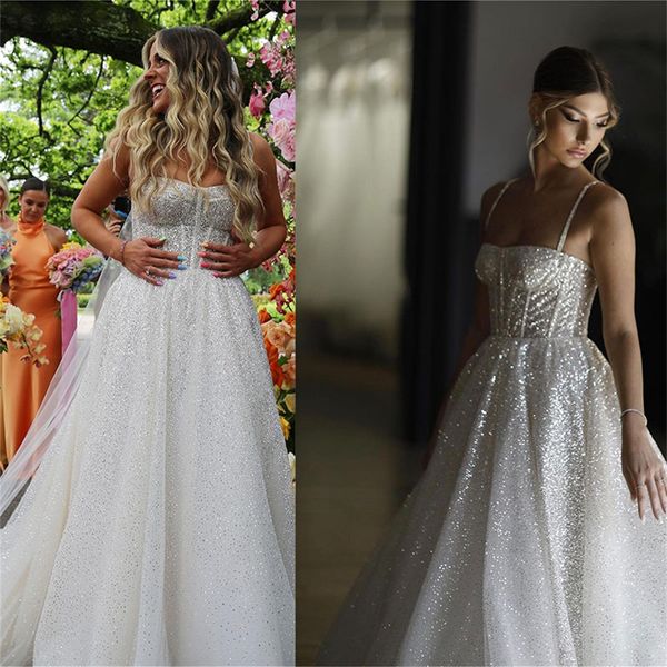 

plus size a line wedding dresses sparkly sequined spaghetti bridal gowns sweep train romantic dress robe de mariee, White