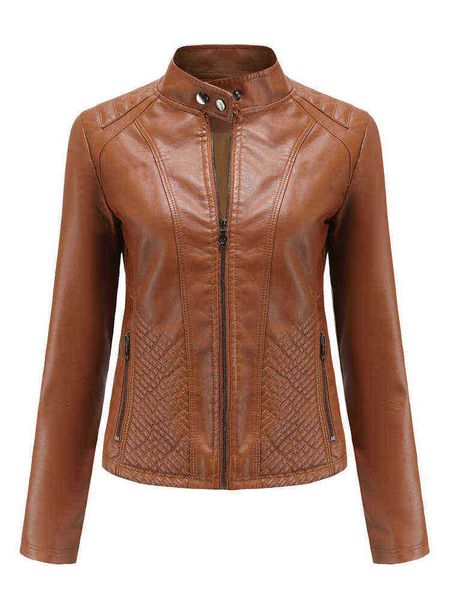 

fmfssom women spring basic soft leather jacket female casual long sleeve pu jacket black moto biker o neck windproof outfit j220727