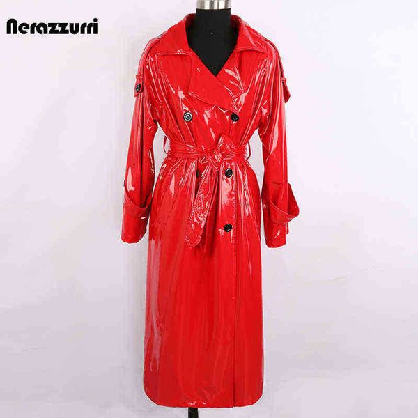 

nerazzurri autumn long red waterproof shiny reflective lacquer leather trench coat for women double breasted plus size fashion j220727, Black
