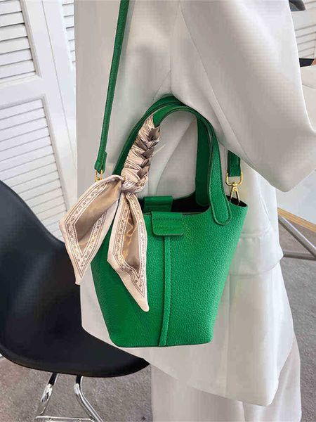 

scarf bucket handbag for women tote green fashion designer pu leather women's shoulder crossbody bag shopper female handbags g2205068