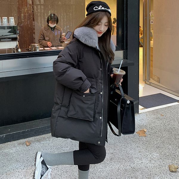 

women's down medium long style overcoat with waistline and thickened white duck down coat, Black