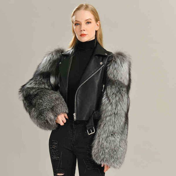 

women real leather long jacket fall real fox fur collar cuffs jacket 2021 fashion real sheepskin windbreaker with belt j220727, Black