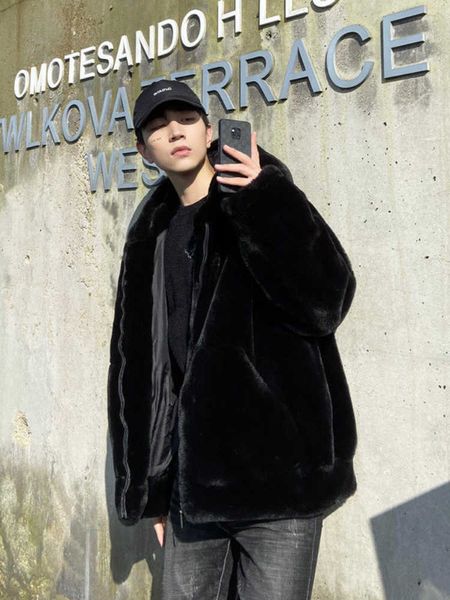 

men's wool blends gmiixder winter imitation fur coat male large size hodded padded jacket new thickened loose young handsome otter rabb, Black