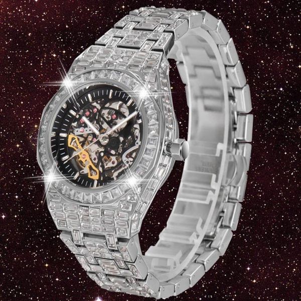 

skeleton mechanical watch men tourbillon automatic mens watches hip hop iced out diamond wristwatcch around cz reloj hombre wristw2821, Slivery;brown