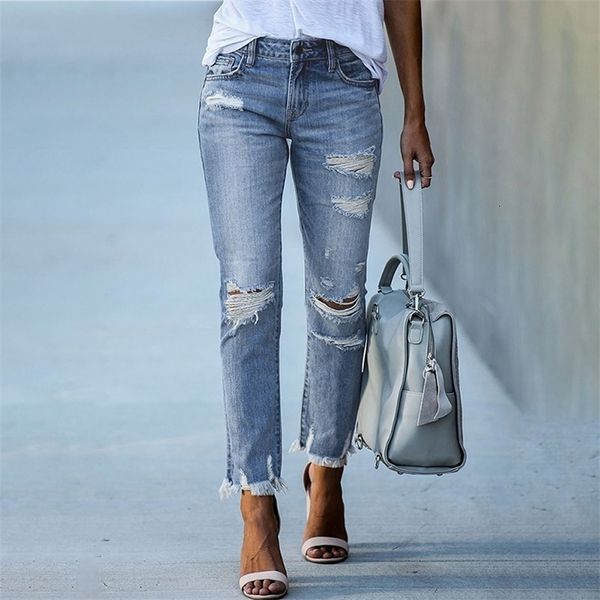 

womens jeans pencil pants ripped slim fit high waist vintage streetwear casual fashion stretch blue woman 221115