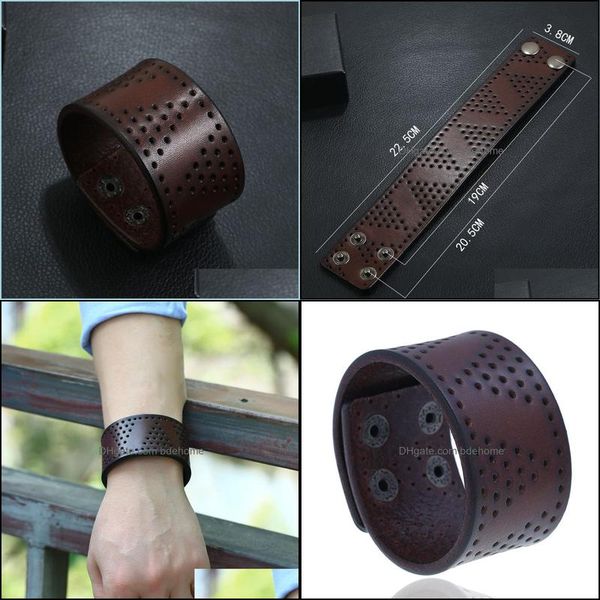 

bangle retro triangle hollow hole leather bangle cuff button adjustable bracelet wristand for men women fashion jewelry drop deliver dhooc, Black