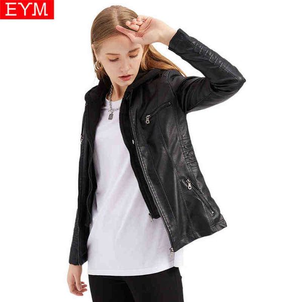 

2021new autumn winter women hooded streetwear black pu faux leather jacket soft casual female moto biker jacket outrunner j220727