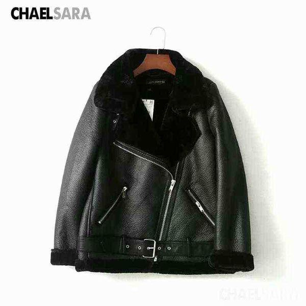 

2022 new winter women thick warm fleece faux leather jacket female casual zipper solid with belt outfit biker ladies j220727, Black