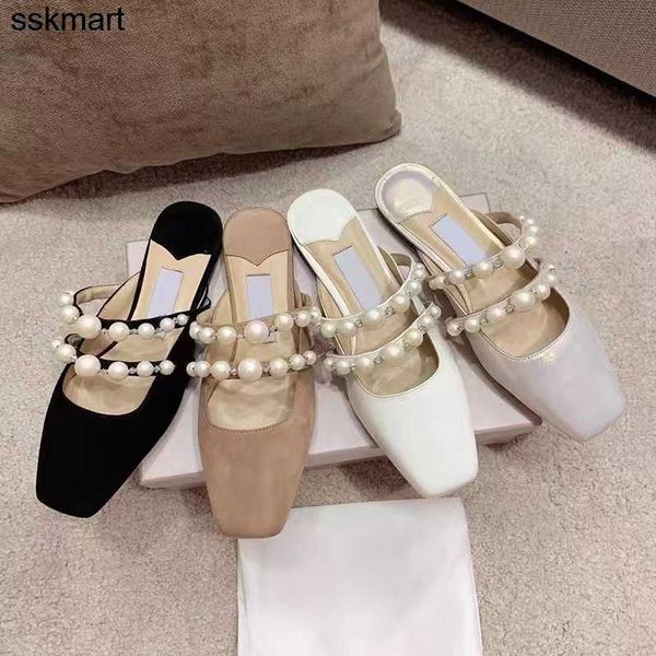 

designer slippers women designers rois women's new square head pearl flat bottom lady matte rivets with box size 34-40, Black