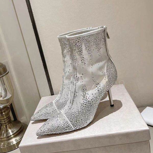 

wedding shoes ladies fashion rhinestone short boots designer luxury pointed leather glitter sandals street black silver party nightclub high