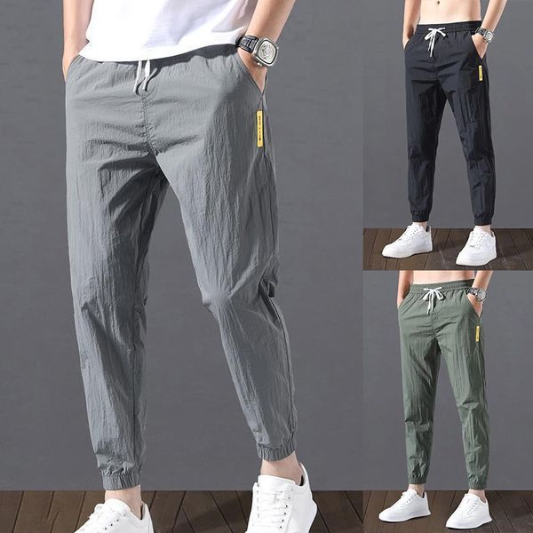 

men's pants ice silk casual sports summer thin drawstring elastic waist nine points quick dry trendy slim trousers men 221116, Black