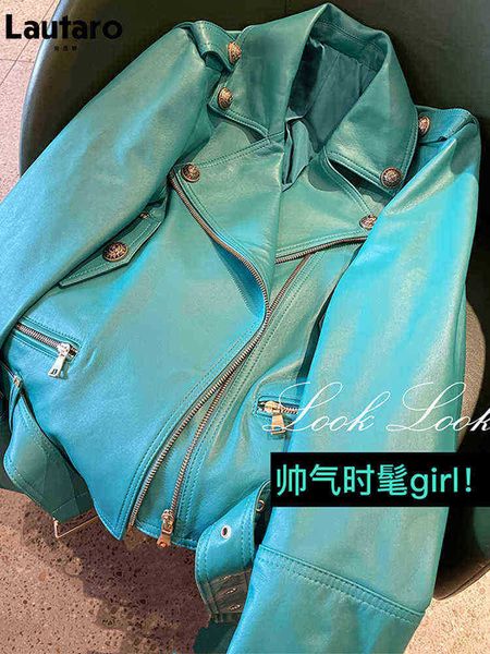 

lautaro spring autumn cool bright green pu leather biker jacket women zipper long sleeve luxury designer streetwear fashion 2022 j220727, Black
