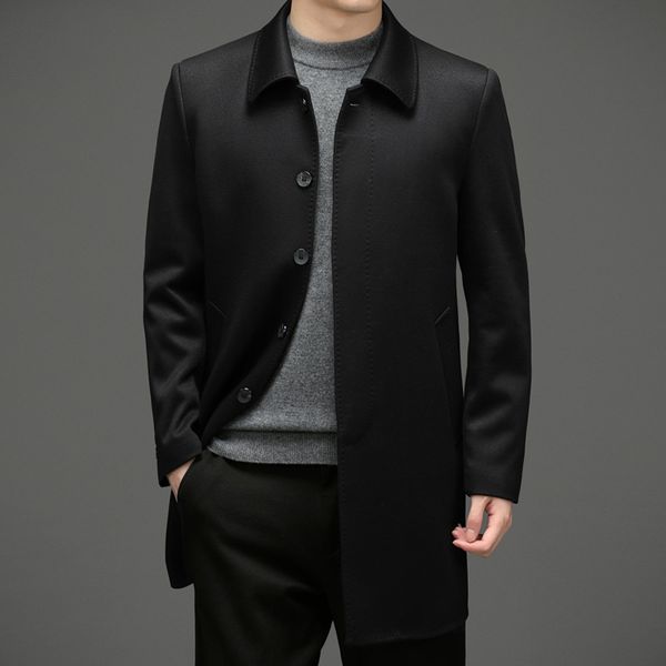 

men's wool blends wool coat men solid turn down collar mens long coats smart casual jackets man overcoats wool blends trench coat men 2, Black