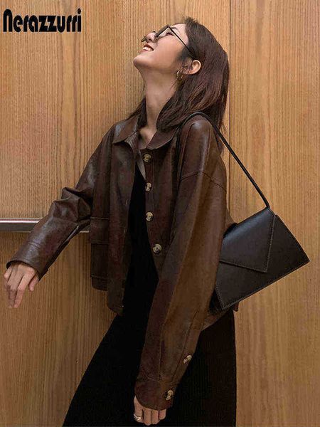 

nerazzurri autumn short brown oversized leather jacket long sleeve bags 2022 spring light soft faux leather jackets for women j220727, Black