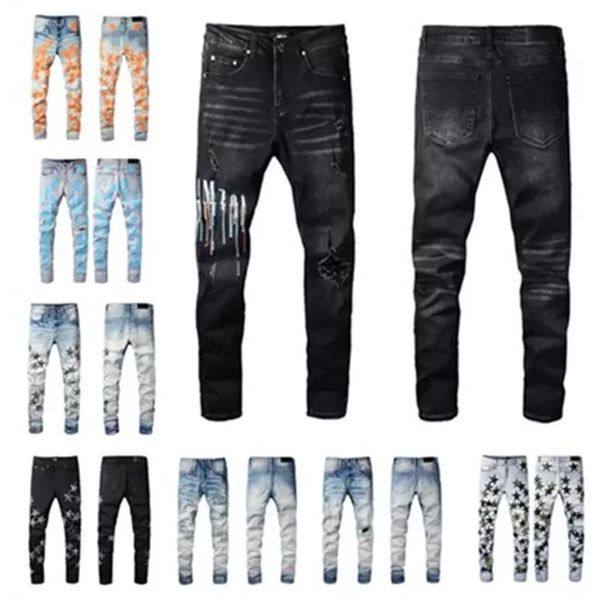 

amirs designer jeans mens denim embroidery pants fashion holes trouser us size hip hop distressed zipper trousers for male 2022 sell, Black