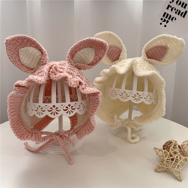 

little girls boys rabbit ears knitted hats toddler kids ruffle knitting warm beanie children easter party cap a9347, Yellow