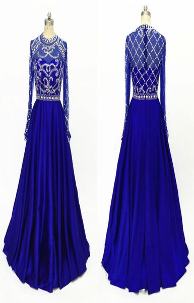 

stunning royal blue long sleeve pageant prom dresses 2022 high neck illusion crystal beaded sequin a line satin hollow back evenin1866277, White;red