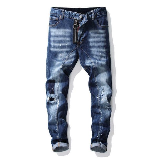 

denim jeans men straight skinny large size hole worn out all season casual style fashionable pants, Blue
