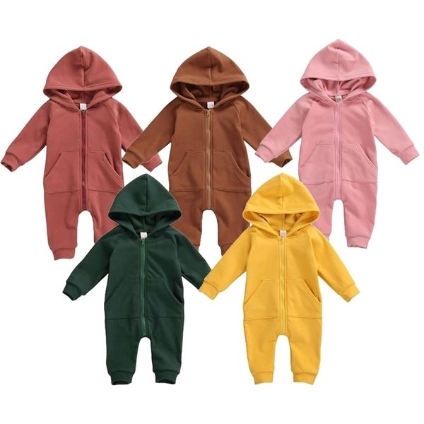 

rompers infant baby long sleeve thick jumpsuit autumn fashion solid color zipper hooded pants with pocket 221115, Blue