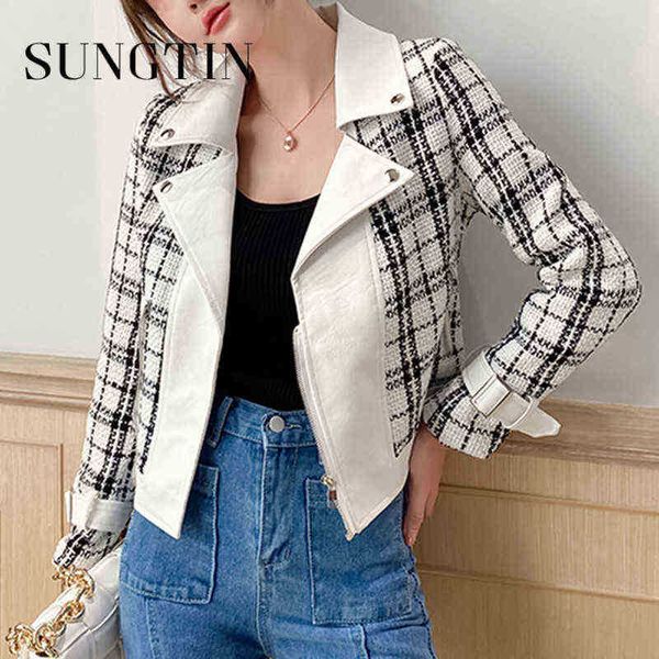 

sungtin plaid split cropped faux leather jacket for women zipper casual pu motorcycle jackets short outfit 2022 new fashion j220727, Black