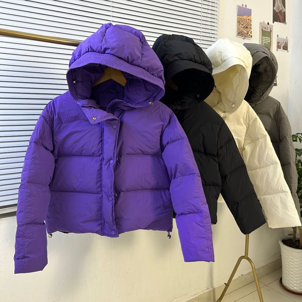 

women's down winter new thickened short down jacket solid color hooded white duck, Black