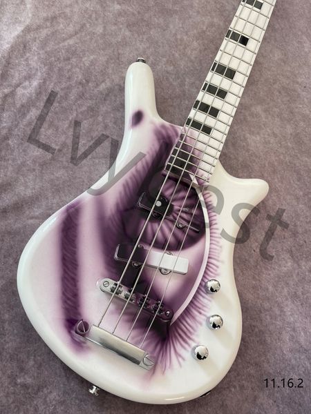 

stocking electric bass guitar with hand drawing purple eye white solid color black block inlay chrome parts
