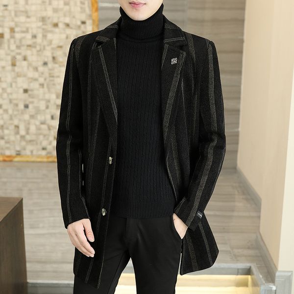 

men's wool blends 2023 men comfortable slim leisure korean version of youth 100 wear fashion british wind handsome long trend woolen co, Black