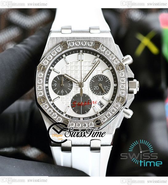 

26231 37mm miyota quartz chronograph ladies watch diamonds bezel silver textured dial black subdial white rubber strap womens watches satch, Slivery;brown