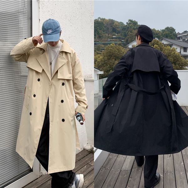 

plus size solid long trench coat mens overcoat casual slim fit windbreak men fashion spring jacket homme handsome, Tan;black