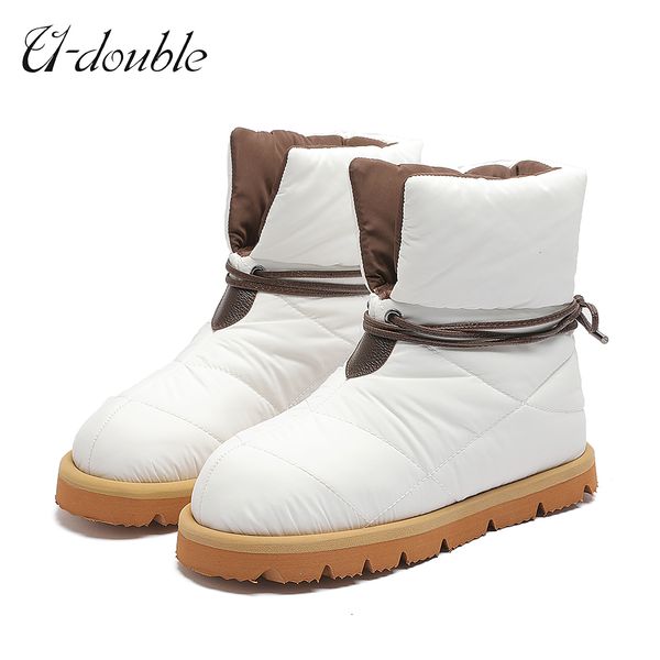 

boots u-double brand winter ankle women quilted nylon down snow woman round toe flat bottom warm pillow 221205, Black