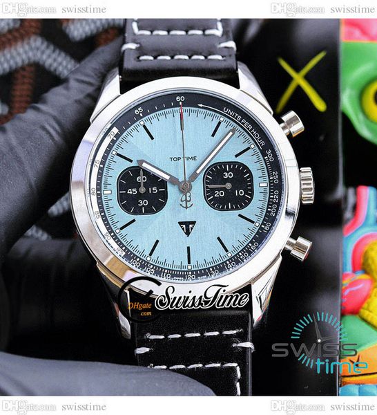 

time triumph miyota quartz chronograph mens watch a23311121c1x1 steel case ice blue dial stick markers black leather with white line satch s, Slivery;brown