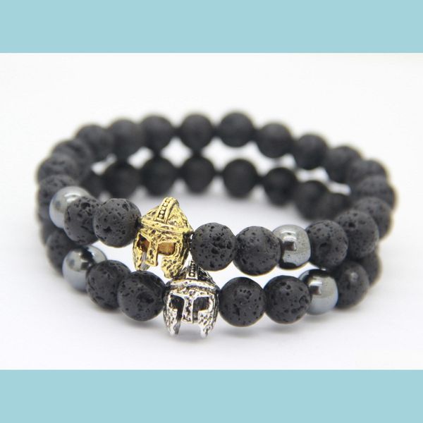 

charm bracelets new fashion natural black lava stone beads with spartan helmet bracelet for women and men bracelets drop delivery jew dhkre, Golden;silver
